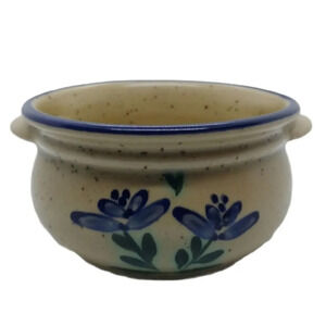 Stoneware Bowl with Handles, Blue Rim &  Flowers
